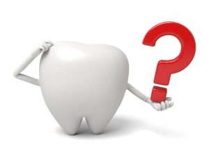 An animated tooth with hands holding a red question mark and scratching its head