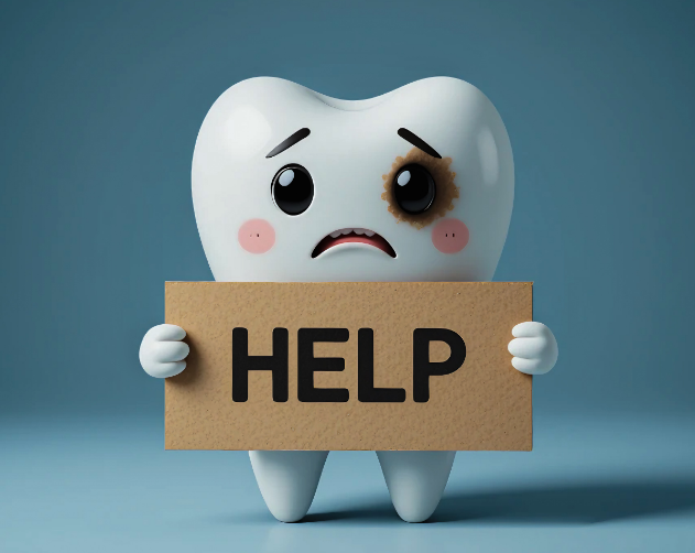 3D cartoon of a bruised tooth holding a help sign