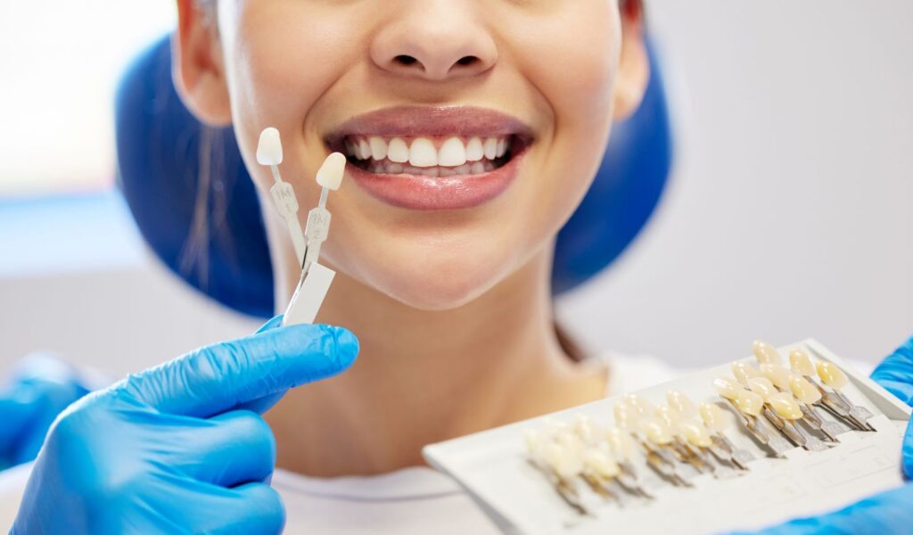 A woman at the dentist getting veneers